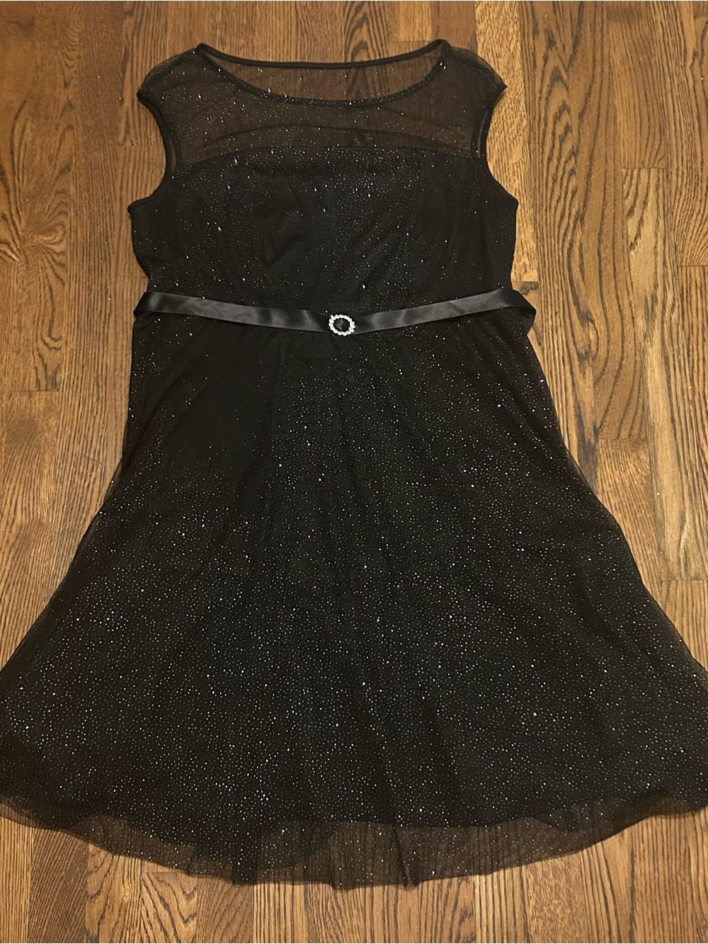 Black Sheer Yoke Midi cocktail Dress with Sparkle and Belt - Picture 2 of 8